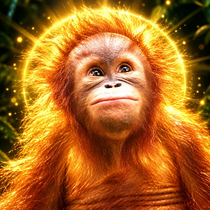 Golden orangutan artwork illustrating the independent RescueFlare meme community; not a photograph documenting a rescue.